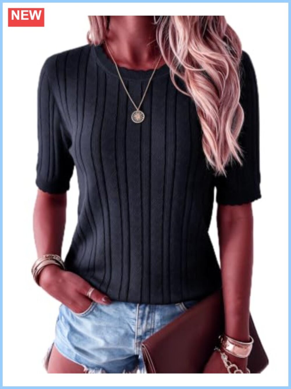 Scalloped Short Sleeve Textured Knit Top